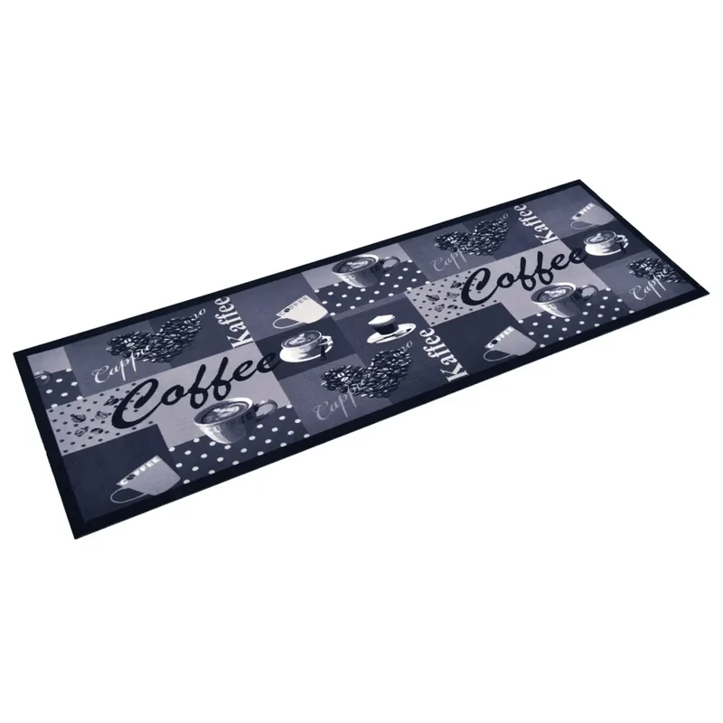 Tapis de cuisine lavable antidérapant flexible 180 x 60 cm style moderne ambiance cosy en polyamide bleu café 02_0046529