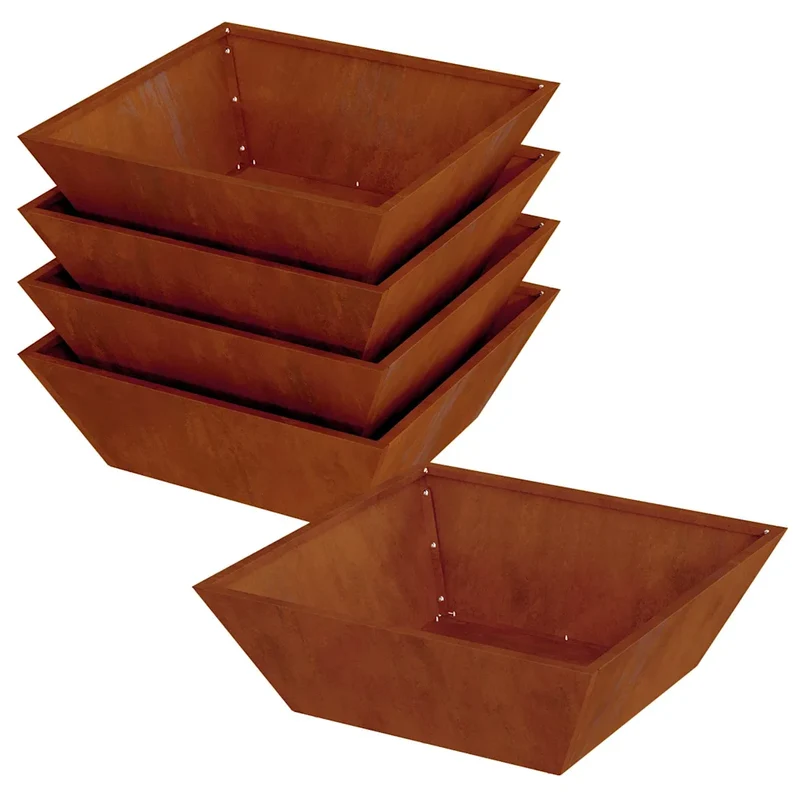 Lot de 5 cache-pots de jardin trapézoïdaux modernes design minimaliste 50 x 50 x 15 cm en acier rouillé 02_0052395