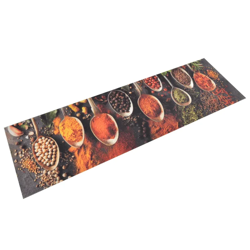 Tapis de cuisine lavable impression cuillère épices 150 x 45 cm antidérapant doux en velours beige 02_0046035