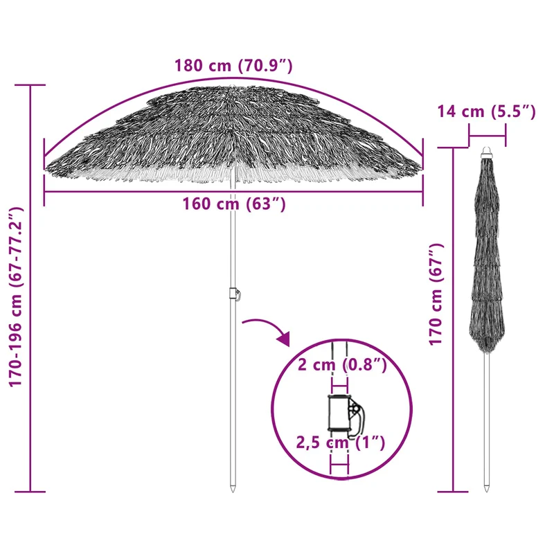 Parasol de plage réglable portatif style tropical jardin 255 x 255 x 196 cm en polyester naturel 02_0058867