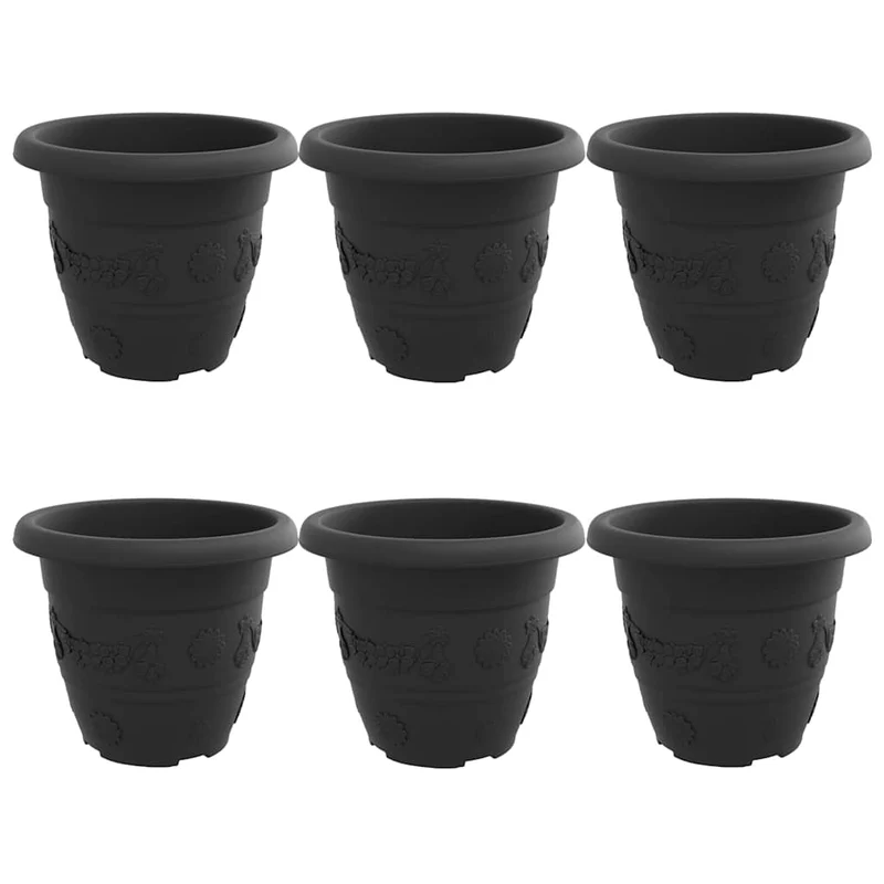 Lot de 6 pots à fleurs ronds modernes style minimaliste intérieur extérieur 26 x 26 x 21,5 cm en plastique noir 02_0059327